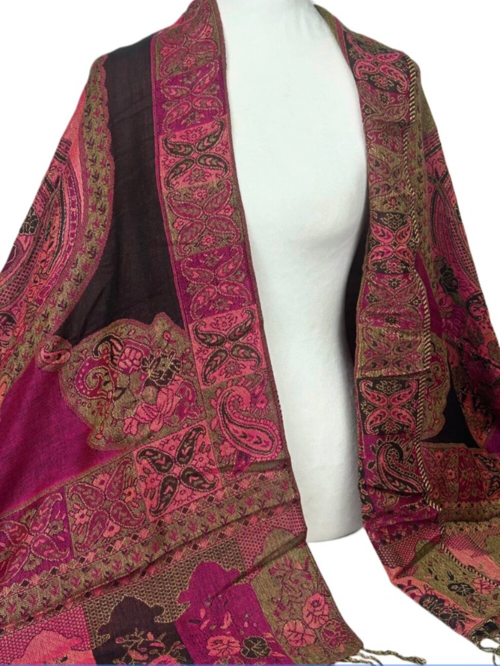 Hot Pink and Black Floral Pashmina Scarf with Tassels,